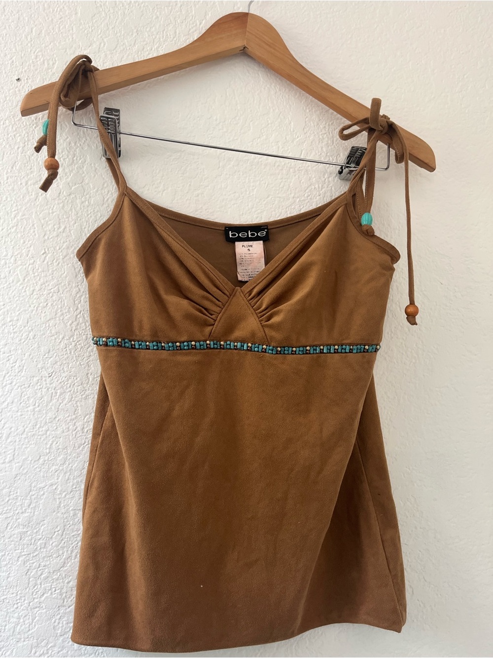 bebe Brown Tie-Shoulder Beaded Empire Camisole
